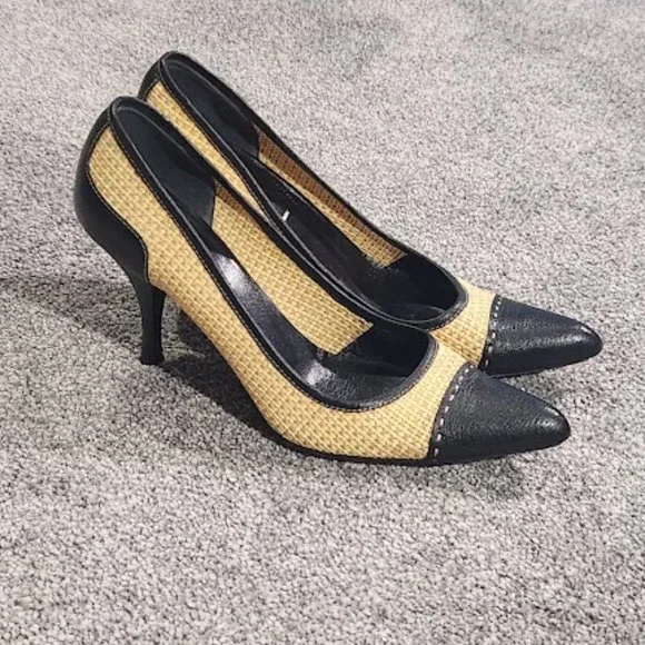 SOLD Prada Black Leather Raffia Cap Toe Pump Heels Sz 39 - Picture 5 of 15